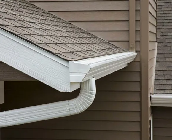 Seamless gutter corner and downspout installed on beige siding of a house.